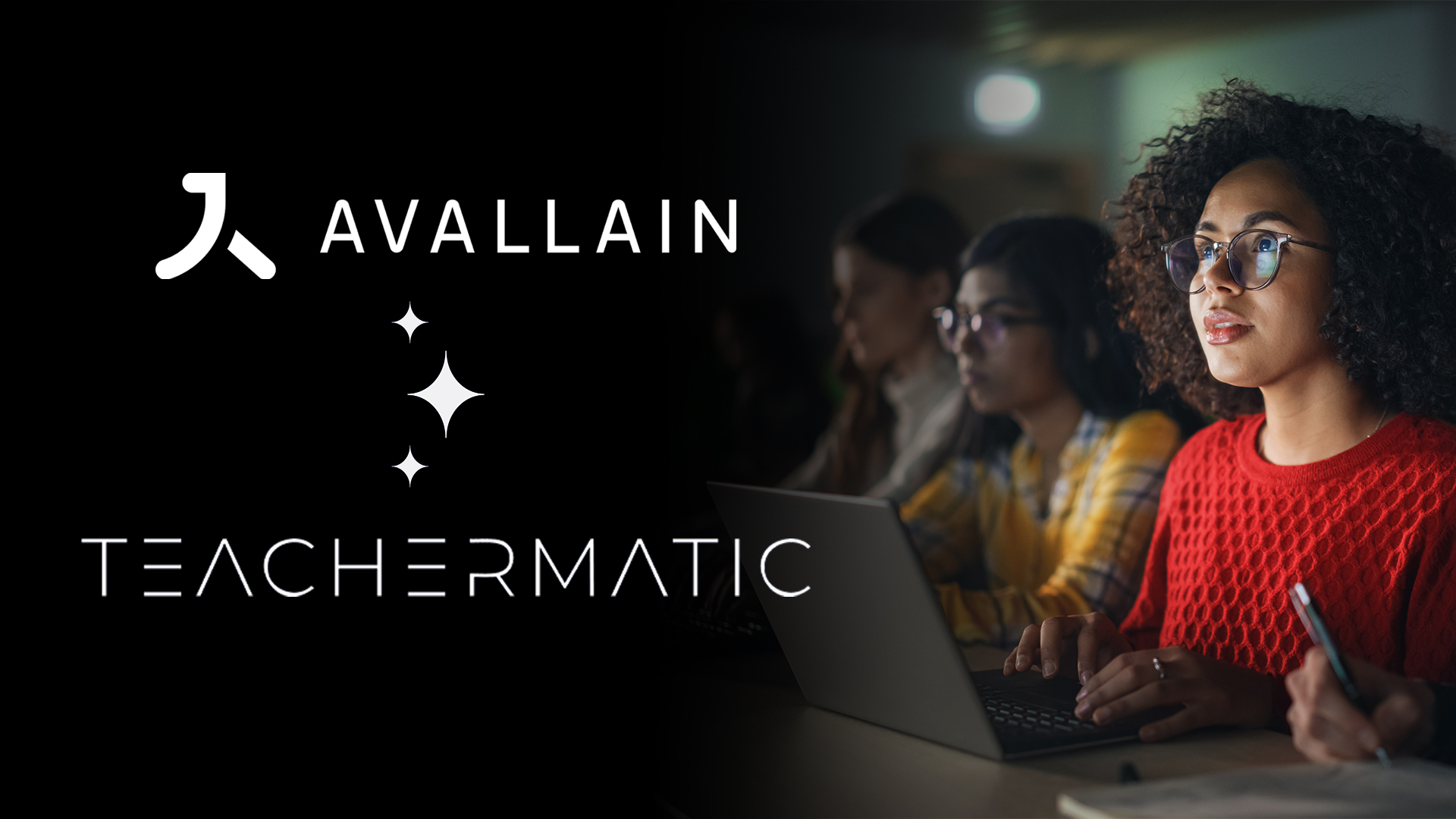 Young student watches Avallain and TeacherMatic logos connected through AI spark icons